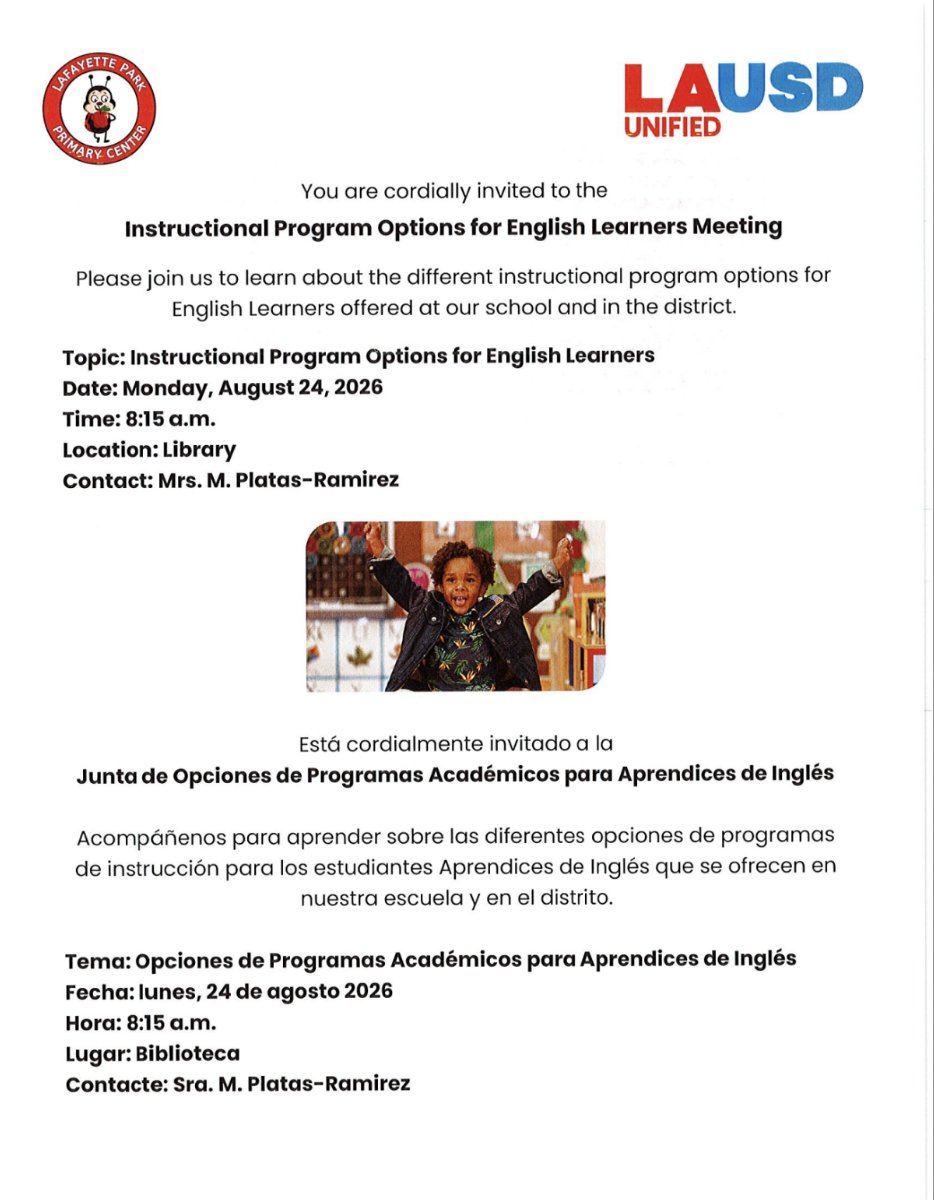 Instructional Program Options for English Learners Meeting/ Junta de Opciones de Programas Académicos para Aprendices de Inglés
